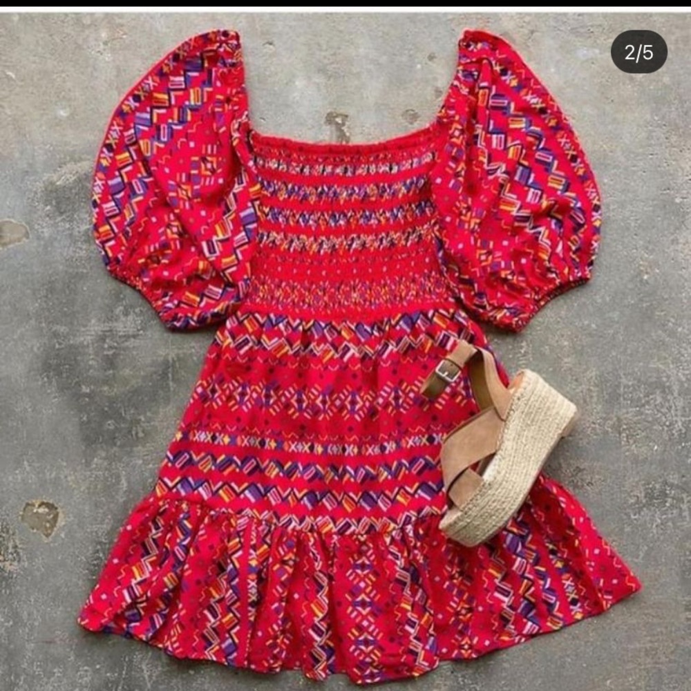 Red Patterned puff sleeve dress